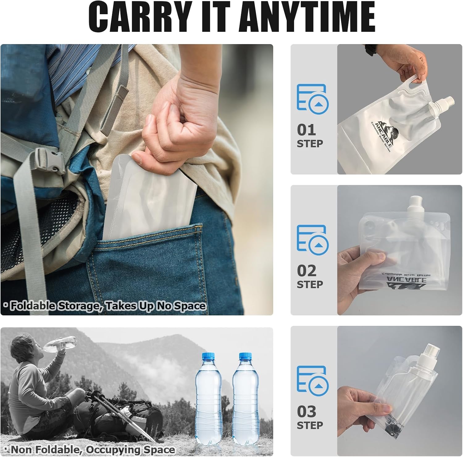 Ancable 1L Hiking Collapsible Water Bottles, 4-Pack 33OZ BPA-Free Foldable Backpacking Water Bottle for Travel Camping Hiking - Image 2