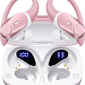 Active Noise Cancelling Wireless Earbuds Bluetooth Headphones 80H Playtime Ear Buds with Power Display Case Hi-Res Sound & Clear Calls Over Ear Hooks Earphones for Sports Running Gym Workout Rose Gold