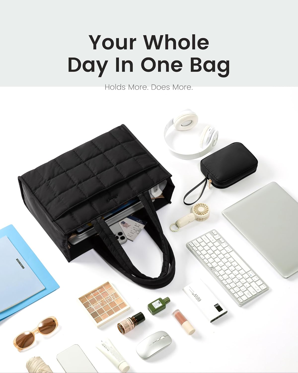 LOVEVOOK Tote Bag for Women, Puffer Work Handbag 15.6 Inch Laptop Purse for Nurse Teacher, Large Quilted Travel Tote Shoulder Bag with Zipper for College Office Clinical Gym, Black - Image 6