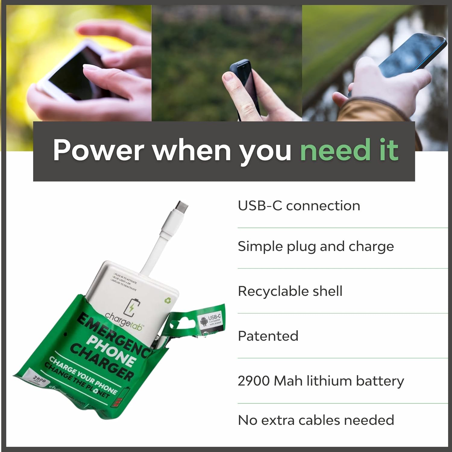 ChargeTab Emergency Portable USB-C Charger – Pre-Charged 3000mAh, Slim & Light, Up to 2-Year Shelf, Compatible w/iPhone 15/16 & Android USB-C Devices (10 Pack) - Image 5