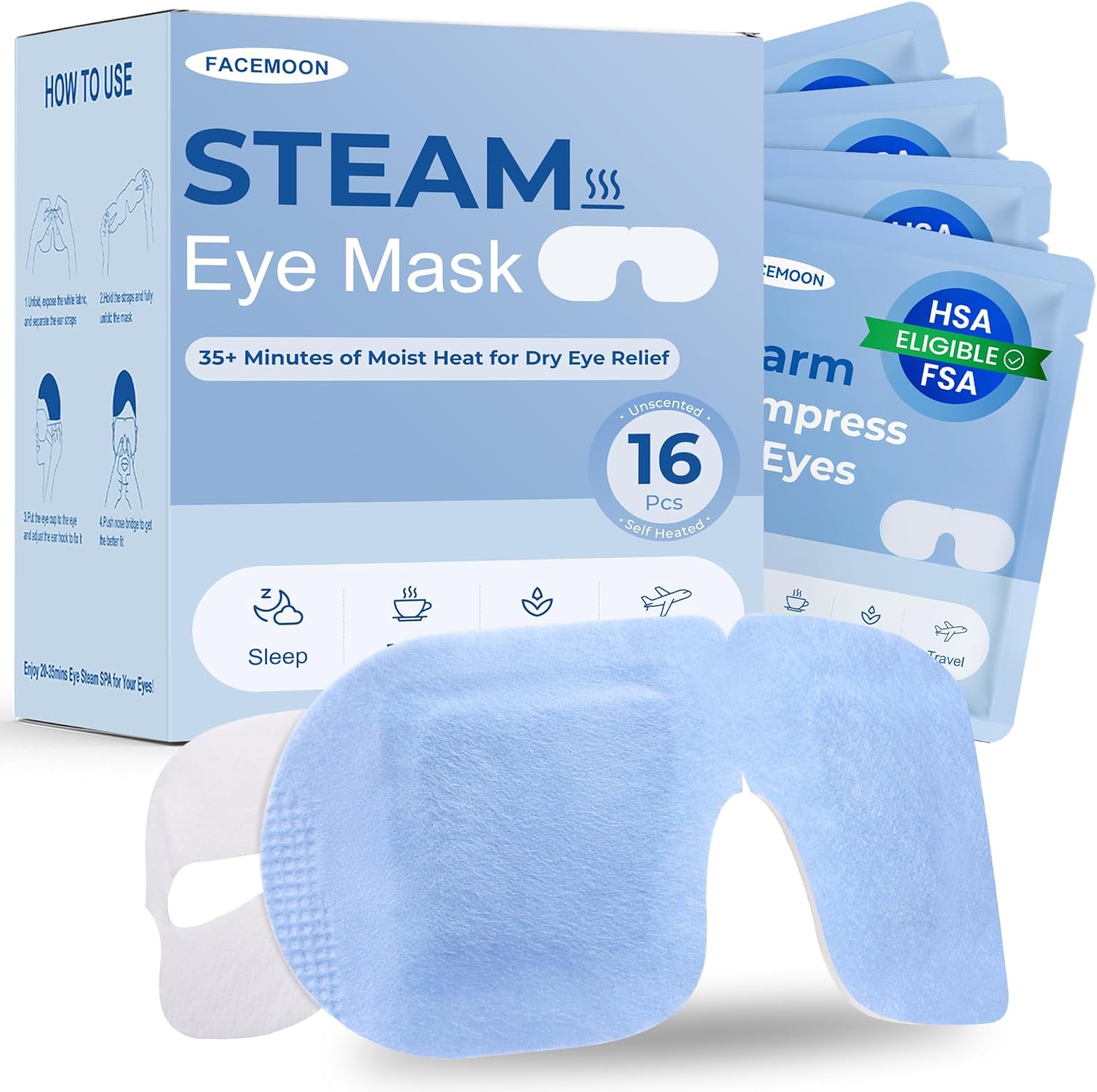 16 Pack Steam Eye Mask for Dry Eyes: Self-Heating Warm Compress for Stye Relief & Digital Eye Strain, FSA&HSA Eligible, Disposable, No Microwave, Travel & Spa Essential, Self-Care Gift, Unscented