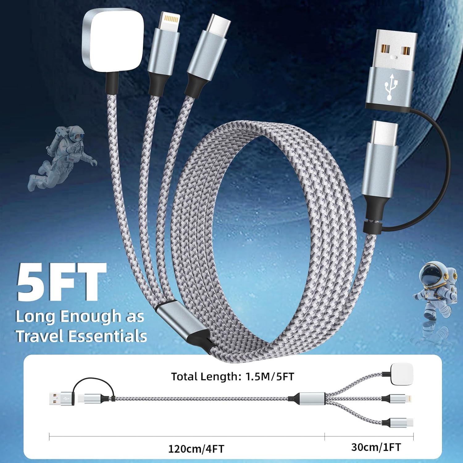 Travel Essentials 3 in 2 Charging Cable for Phone Watch Charger, USB A/USB C Multi Charging Cable/Cord for All Devices Compatible for iWatch Ultra/SE/11-2, iPhone17 15 14, Android, More - 5FT - Image 6