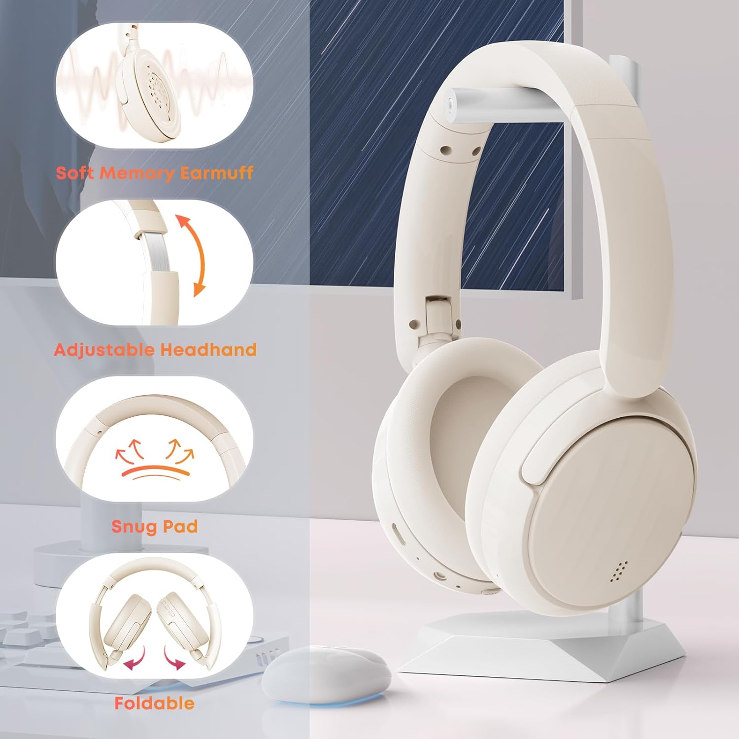 Bluetooth Headphones with Active Noise Cancelling (ANC), Wireless Over Ear Bluetooth Headsets with 35H Playtime, HiFi Stereo Foldable Headphones with Foam Ear Cups for Sports, Travel, Oil White - Image 5