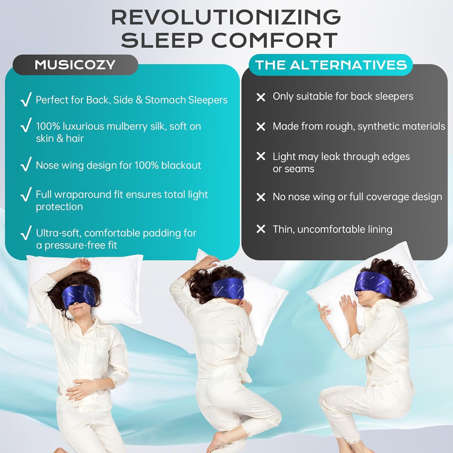 MUSICOZY Silk Sleep Mask for Women Men, Ultra-Soft Mulberry Silk Eye Mask with Adjustable Velcro Strap, Breathable Sleep Mask for Total Darkness, Perfect for Travel, Naps & Nighttime Rest - Image 4