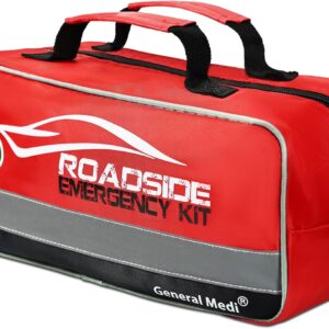 General Medi 127-Pieces Roadside Car Emergency Kit Include Mini First Aid Kit, Jumper Cables,Tow Rope, Bandage, Safety Vest, Emergency Triangle, All in One Pack