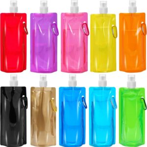 10 Pcs Collapsible Foldable Water Bottle 480ml, Leak Proof with Carabiner, BPA Free, Reusable Drinking Bags for Travel, Gym, Camping, Hiking
