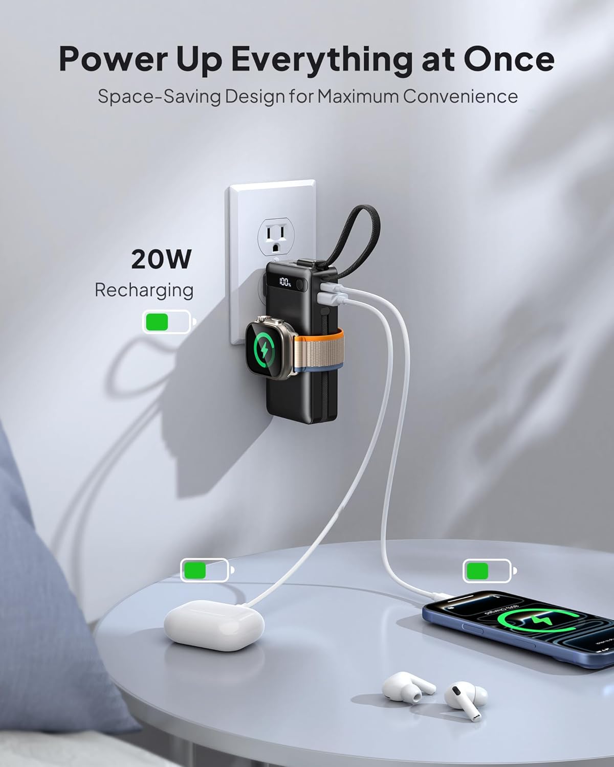 2026 Latest Nano 5-in-1 Portable Charger for iPhone & Apple Watch, 10,000mAh Portable Charger with Built-in AC Wall Plug and Cables, 22.5W Fast Charging USB C Power Bank Travel Essentials Battery Pack - Image 4