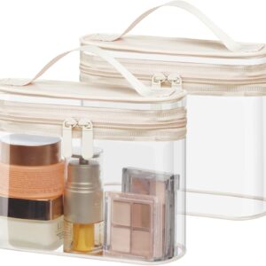 PACKISM TSA Approved Toiletry Bag 2 Pack - Quart Size Clear Makeup Bag with Handle & Dual Metal Zippers, Large Opening 3-1-1 Airline Compliant Security Travel Organizer for Carry On Liquids, Beige