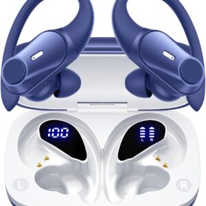 Active Noise Cancelling Wireless Earbuds Bluetooth Headphones 80H Playtime Ear Buds with Power Display Case Hi-Res Sound & Clear Calls Over Ear Hooks Earphones for Sports Running Gym Workout Blue