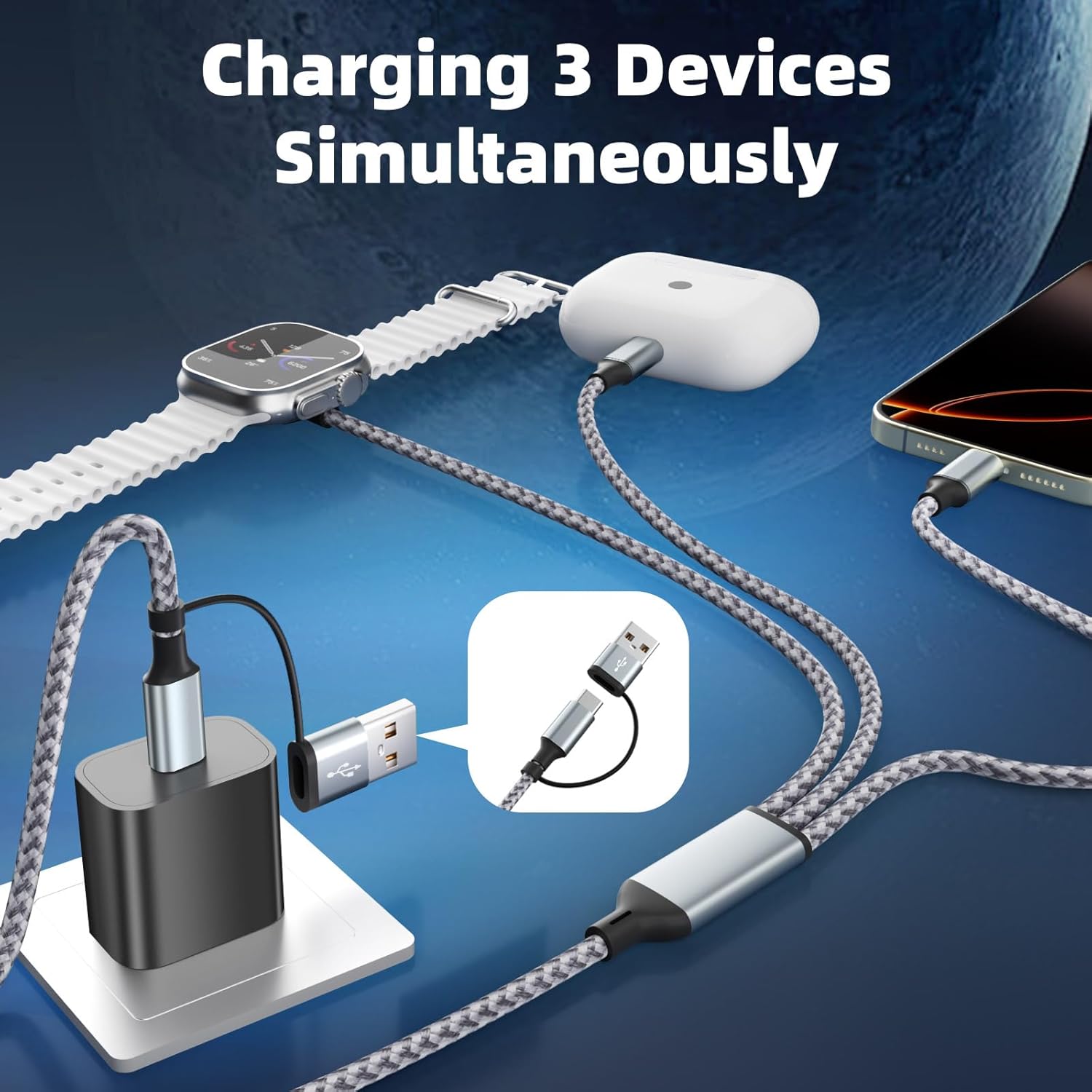 Travel Essentials 3 in 2 Charging Cable for Phone Watch Charger, USB A/USB C Multi Charging Cable/Cord for All Devices Compatible for iWatch Ultra/SE/11-2, iPhone17 15 14, Android, More - 5FT - Image 2