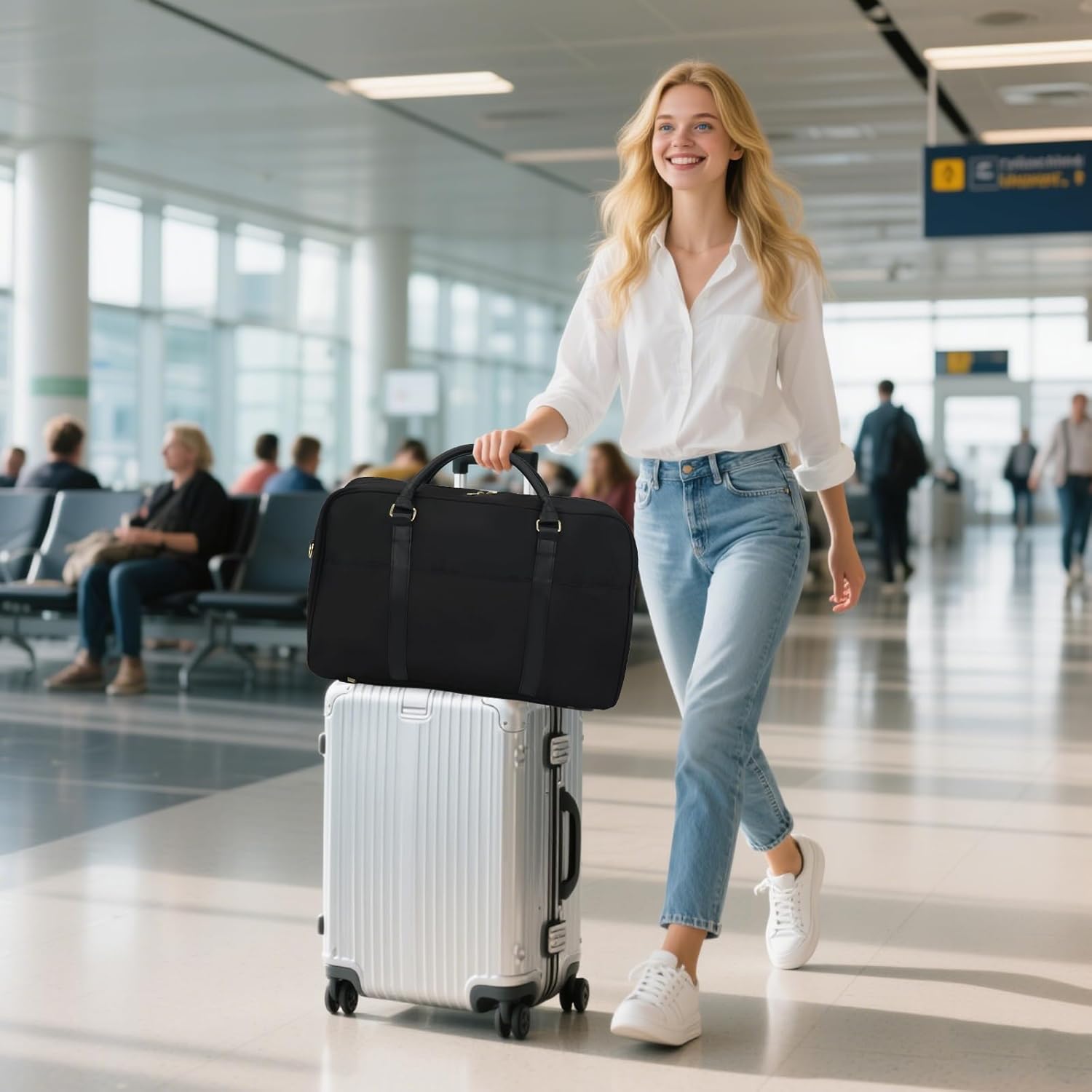 Travel Duffle Bag for Women & Men - Weekender Overnight Bag, Large Carry-On Gym Bag, Sports Duffel, Hospital Bag, Yoga Tote,Work Bag & Trolley Sleeve (Black) - Image 6