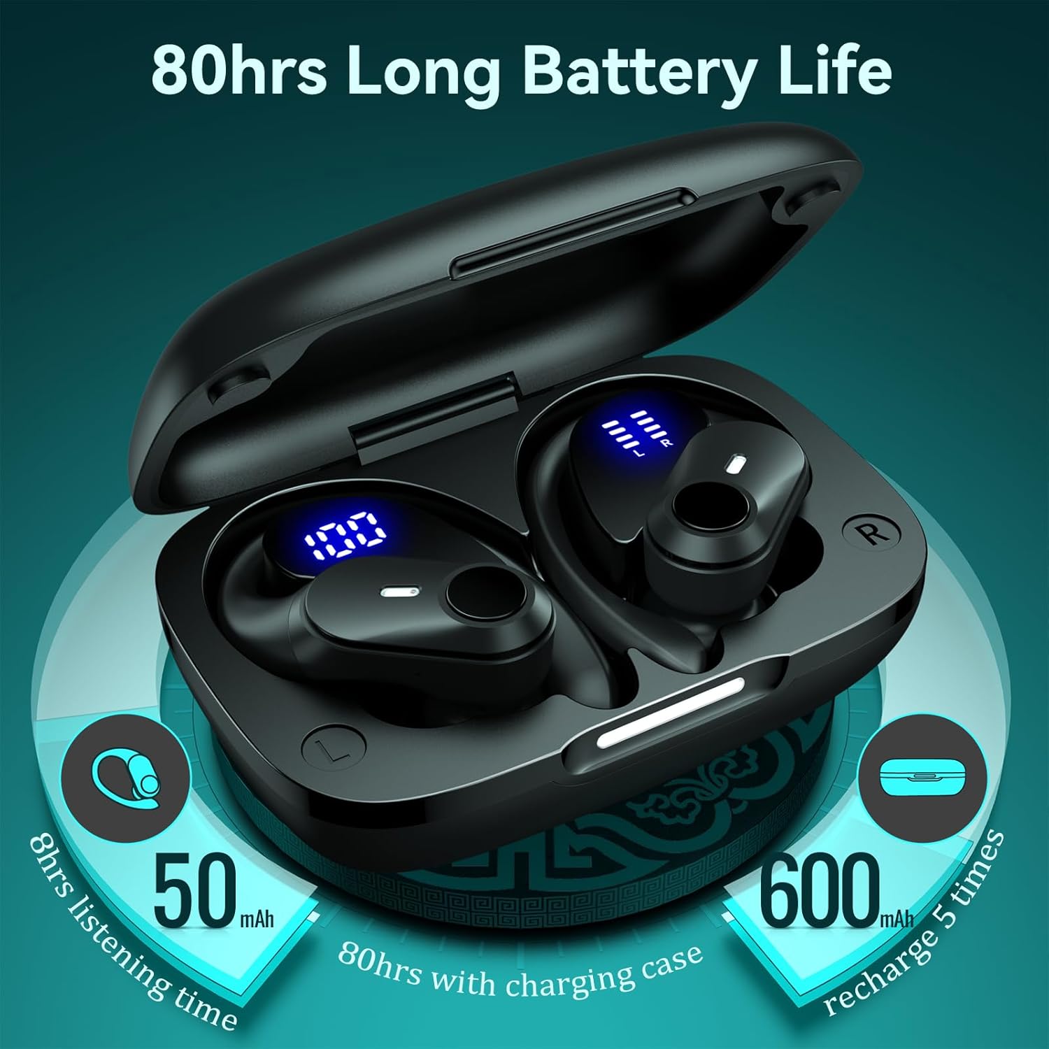 Active Noise Cancelling Wireless Earbuds Bluetooth Headphones 80H Playtime Ear Buds with Power Display Case Hi-Res Sound & Clear Calls Over Ear Hooks Earphones for Sports Running Gym Workout Black - Image 5
