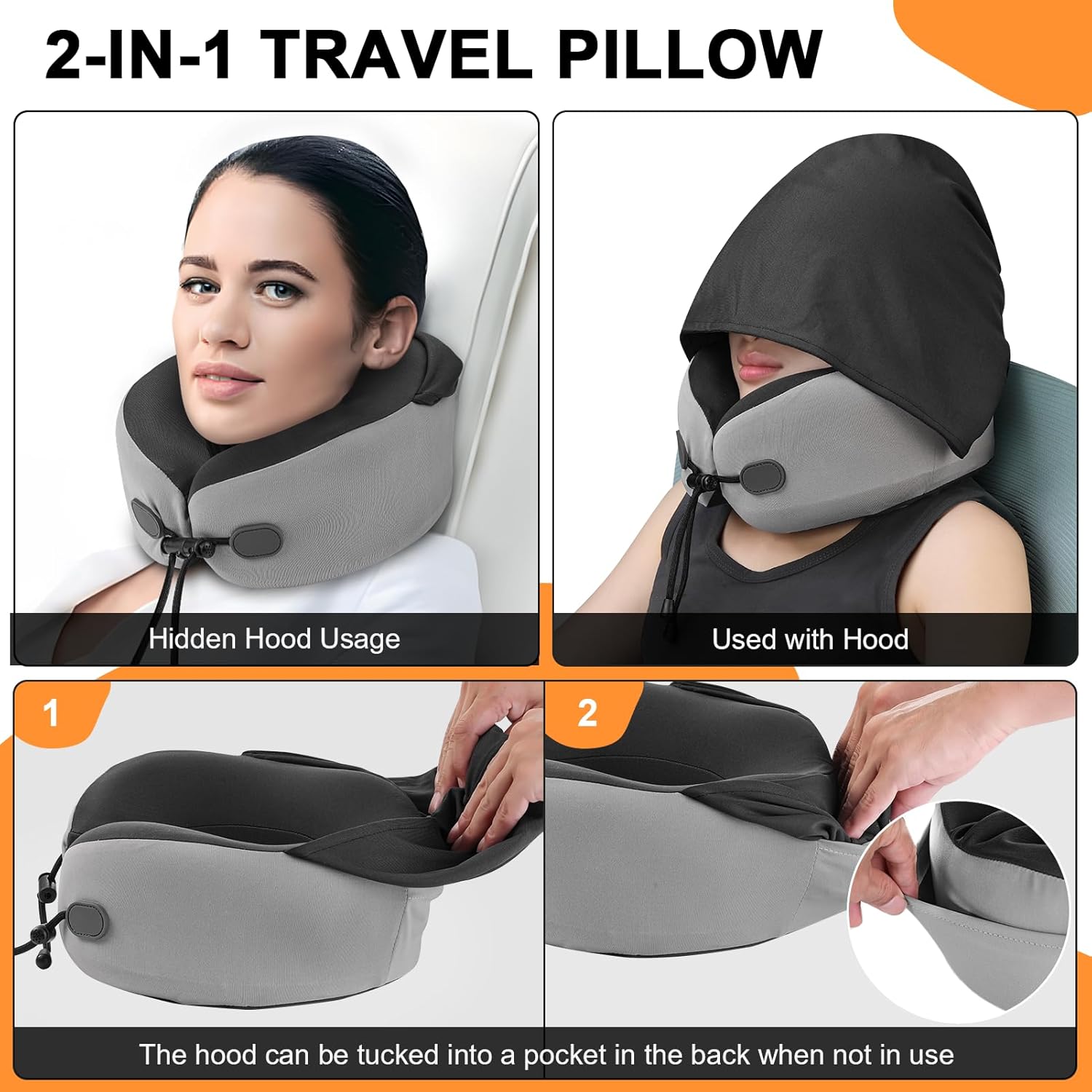 Neck Pillow for Travel - Hooded Memory Foam Plane Pillow for Airplane, Office, Cars Sleeping, Road Trip, Long Flights, Portable Plane Accessories, Includes Eye Mask & Earplugs (Blue) - Image 3