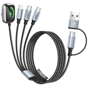 Travel Vacation Essentials 4 in 2 Dual Type C Multi Charging Cable for Apple Watch Charger,USB A/USB C Multiple Charger Cord for All Devices Compatible with iWatch Ultra/SE/10-1,iPhone 16-11 and More