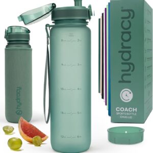 Hydracy Water Bottle with Time Marker -Large BPA Free Water Bottle & No Sweat Sleeve -Leak Proof Gym Bottle with Fruit Infuser Strainer & Times to Drink -Ideal for Fitness Sports & Outdoors