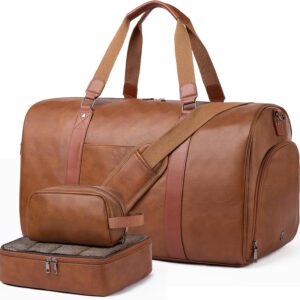 Large 3-in-1 Leather Duffle Bag for Travel Weekender Overnight Hospital Gym Bag for Men & Women, Carry On Airline Approved Personal Item Duffel Garment Bag Luggage with Shoe Compartment & Toiletry Bag