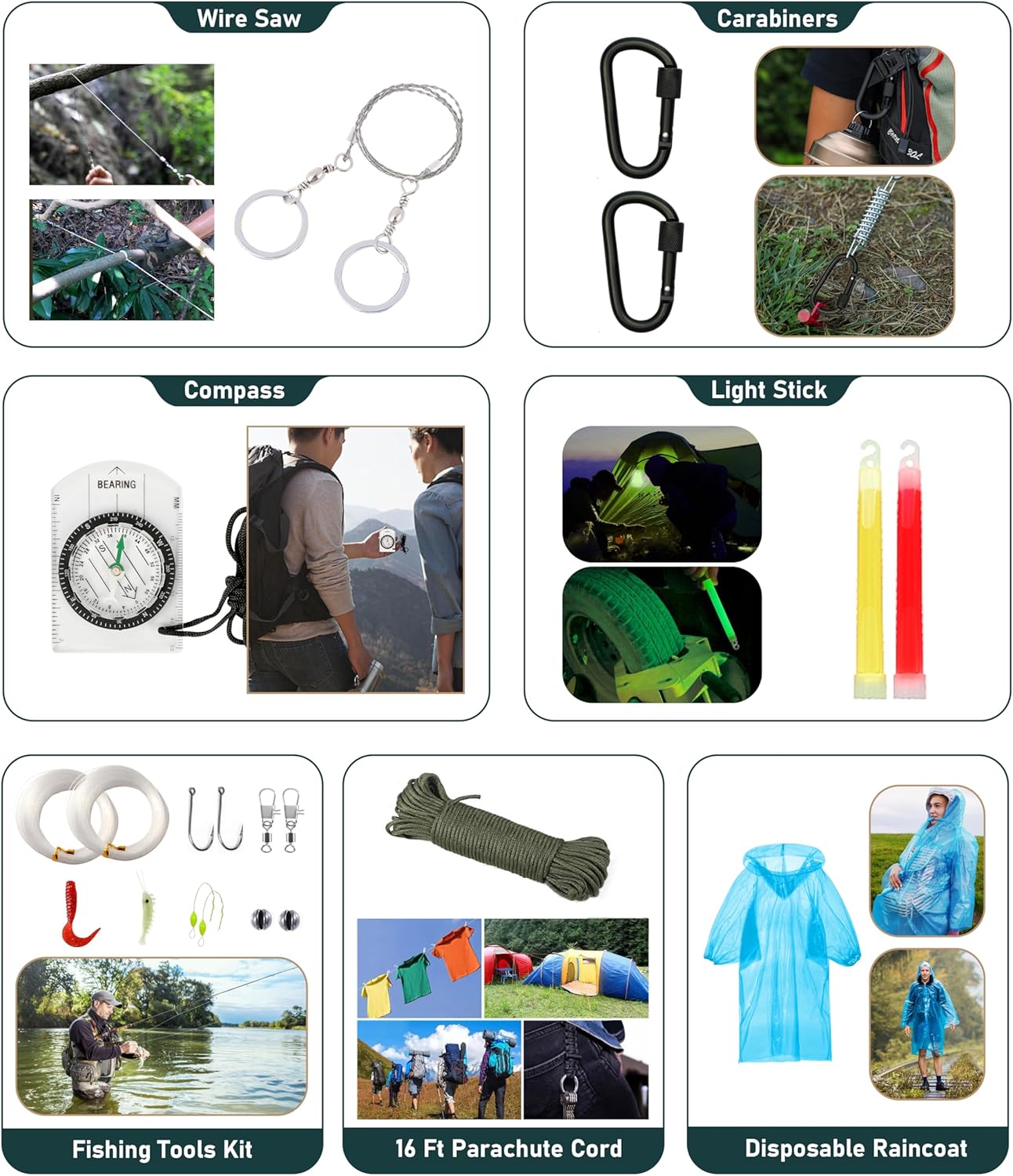 Survival Kit, 262Pcs Survival Gear and Supplies with First Aid Kit Pouch and Crossbody Bag, Emergency Kit with Tent, Camping Axe Hammer, Survival Shovel w/Pick, Bug Out Bag Gifts for Men Women - Image 8