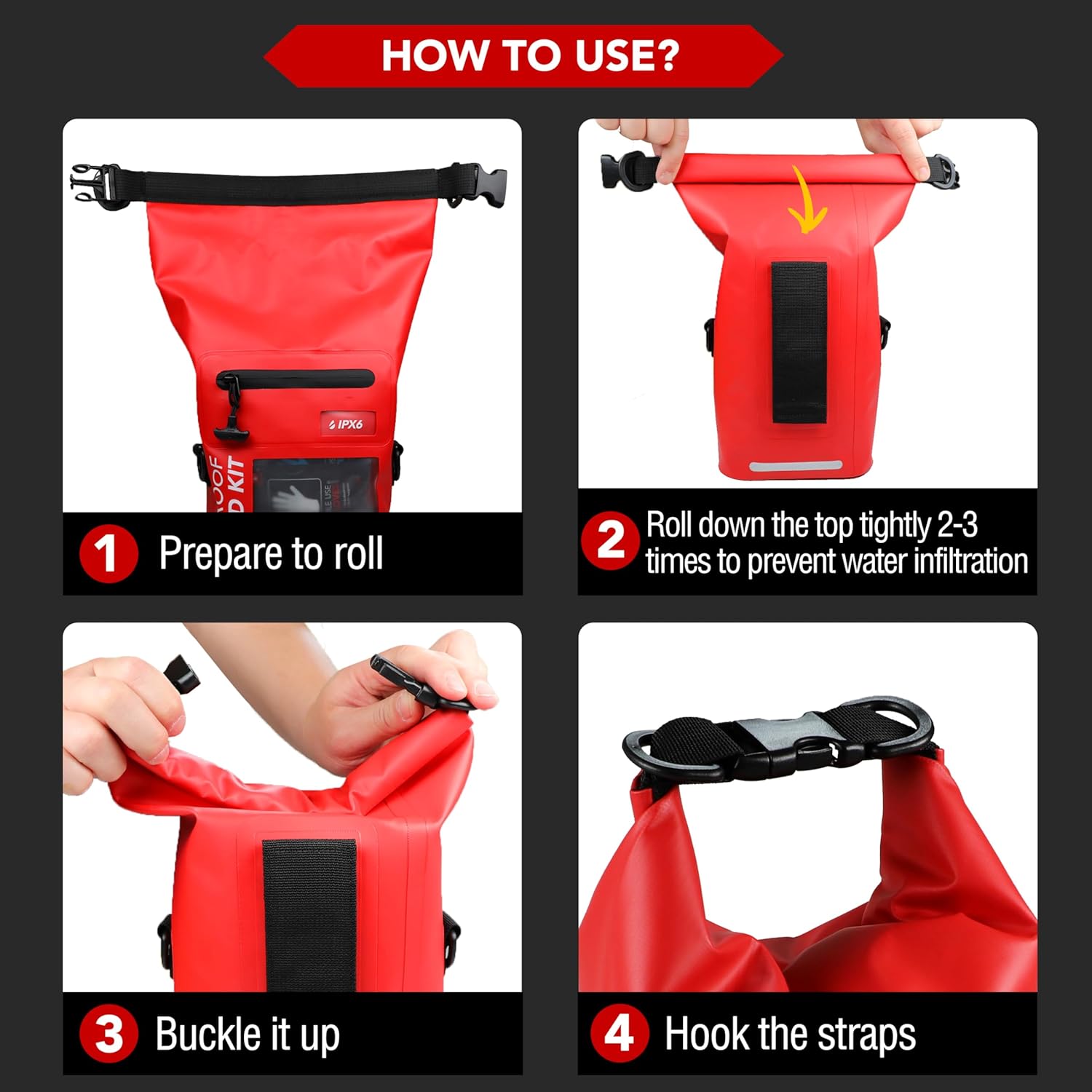 250 PCS Waterproof First Aid Kit, Roll Top Reflective Boat Dry Bag Bug Out Bags, Emergency Medical Kit Ideal for Boating, Camping, Fishing, Kayaking, Floating, Red - Image 8