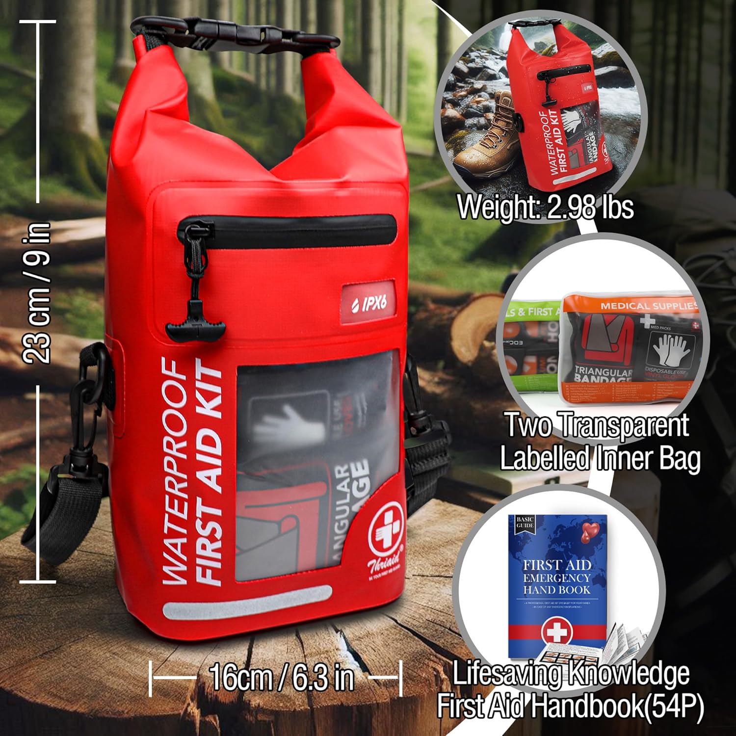 250 PCS Waterproof First Aid Kit, Roll Top Reflective Boat Dry Bag Bug Out Bags, Emergency Medical Kit Ideal for Boating, Camping, Fishing, Kayaking, Floating, Red - Image 7