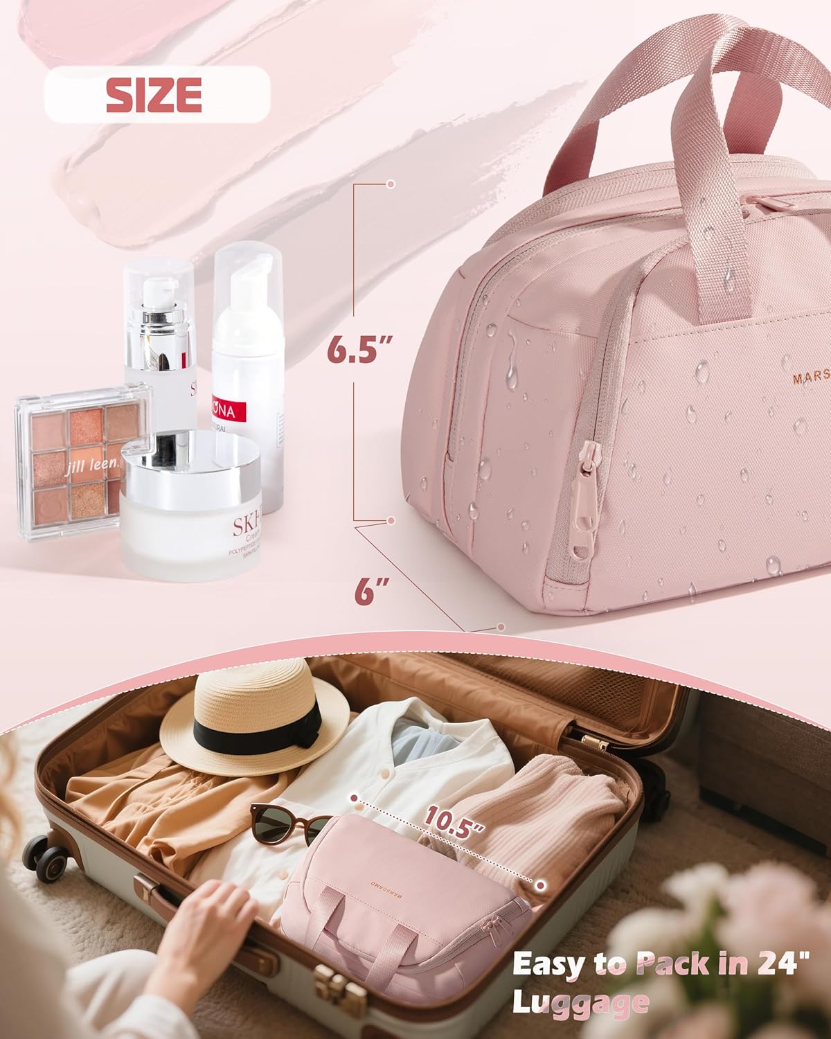 Travel Makeup Bag, Small Size Waterproof Toiletry & Cosmetic Organizer with Leakproof Pockets for Bathroom or Vanity Use for Women, Pink - Image 4