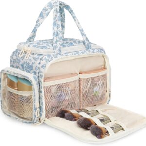 Travel Makeup Bag, Lightweight Wide-open Toiletries Bag for Women, Large Cosmetic Organizer Bag with Makeup Brushes Compartment for Travel-Sized Essentials for Trip, Camping - Blue Flower
