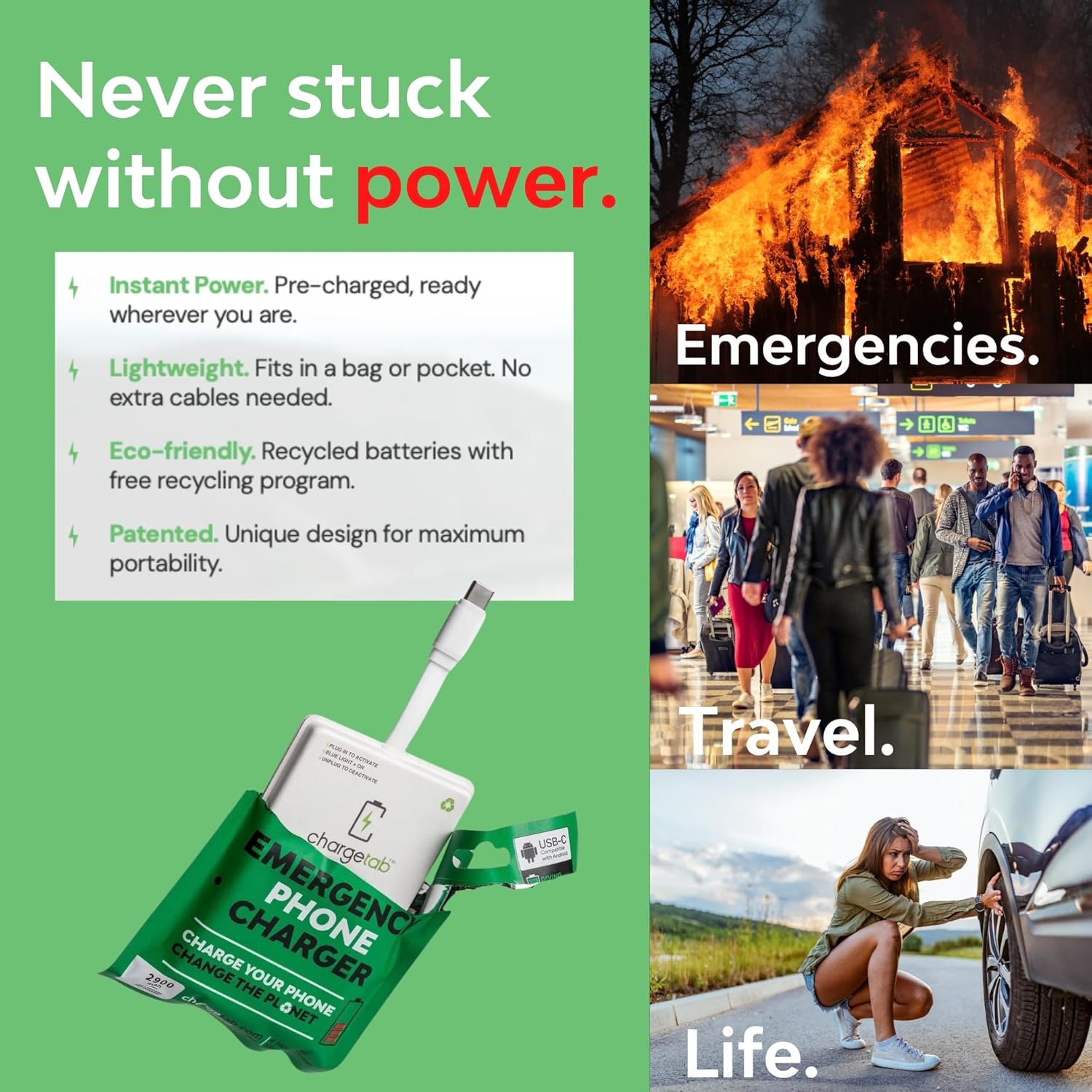 ChargeTab Emergency Portable USB-C Charger – Pre-Charged 3000mAh, Slim & Light, Up to 2-Year Shelf, Compatible w/iPhone 15/16 & Android USB-C Devices (10 Pack) - Image 3