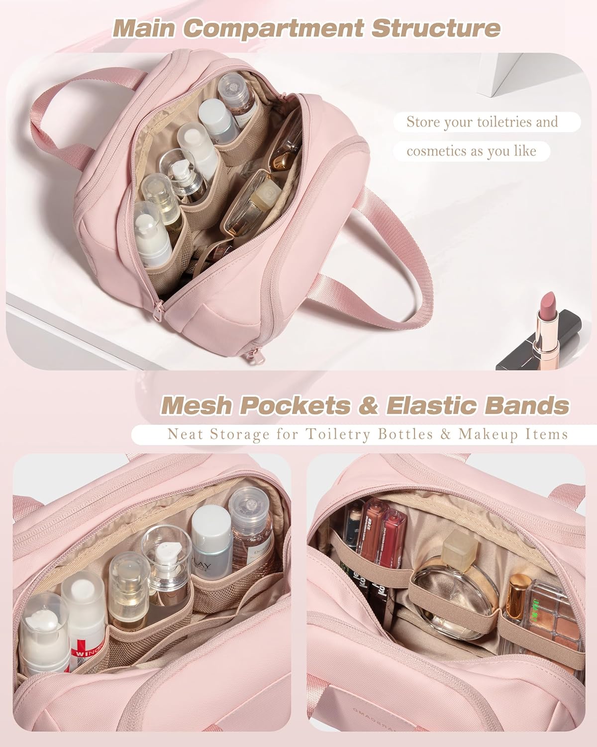 Travel Makeup Bag, Small Size Waterproof Toiletry & Cosmetic Organizer with Leakproof Pockets for Bathroom or Vanity Use for Women, Pink - Image 2