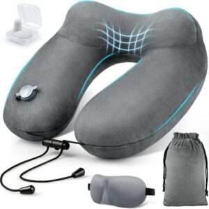 urophylla Inflatable Travel Neck Pillow for Airplanes, Super Soft Velvet Neck Support, Adjustable Firmness, Blow Up Plane Pillow for Long Flights, Road Trips, Travel Essentials with Eye Mask, Earplug