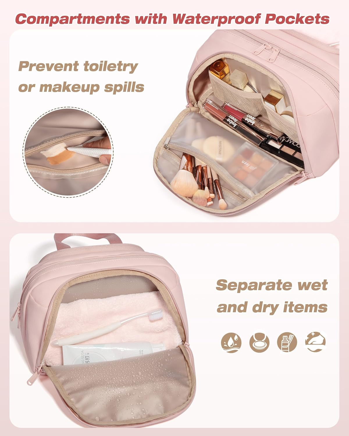 Travel Makeup Bag, Small Size Waterproof Toiletry & Cosmetic Organizer with Leakproof Pockets for Bathroom or Vanity Use for Women, Pink - Image 3
