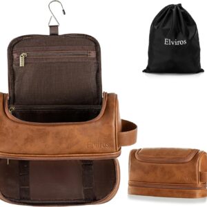 Elviros Toiletry Bag for Mens PU Leather Travel Organizer Kit with Hanging hook, Large Water-resistant Toiletries Bathroom Shaving Bags, Gift For Men (Brown)
