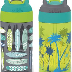 Zak Designs 16oz Riverside Beach Life Kids Water Bottle with Straw and Built in Carrying Loop Made of Durable Plastic, Leak-Proof Design for Travel, 2PK Set