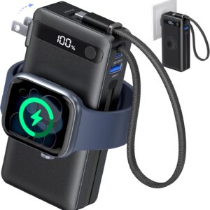2026 Latest Nano 5-in-1 Portable Charger for iPhone & Apple Watch, 10,000mAh Portable Charger with Built-in AC Wall Plug and Cables, 22.5W Fast Charging USB C Power Bank Travel Essentials Battery Pack