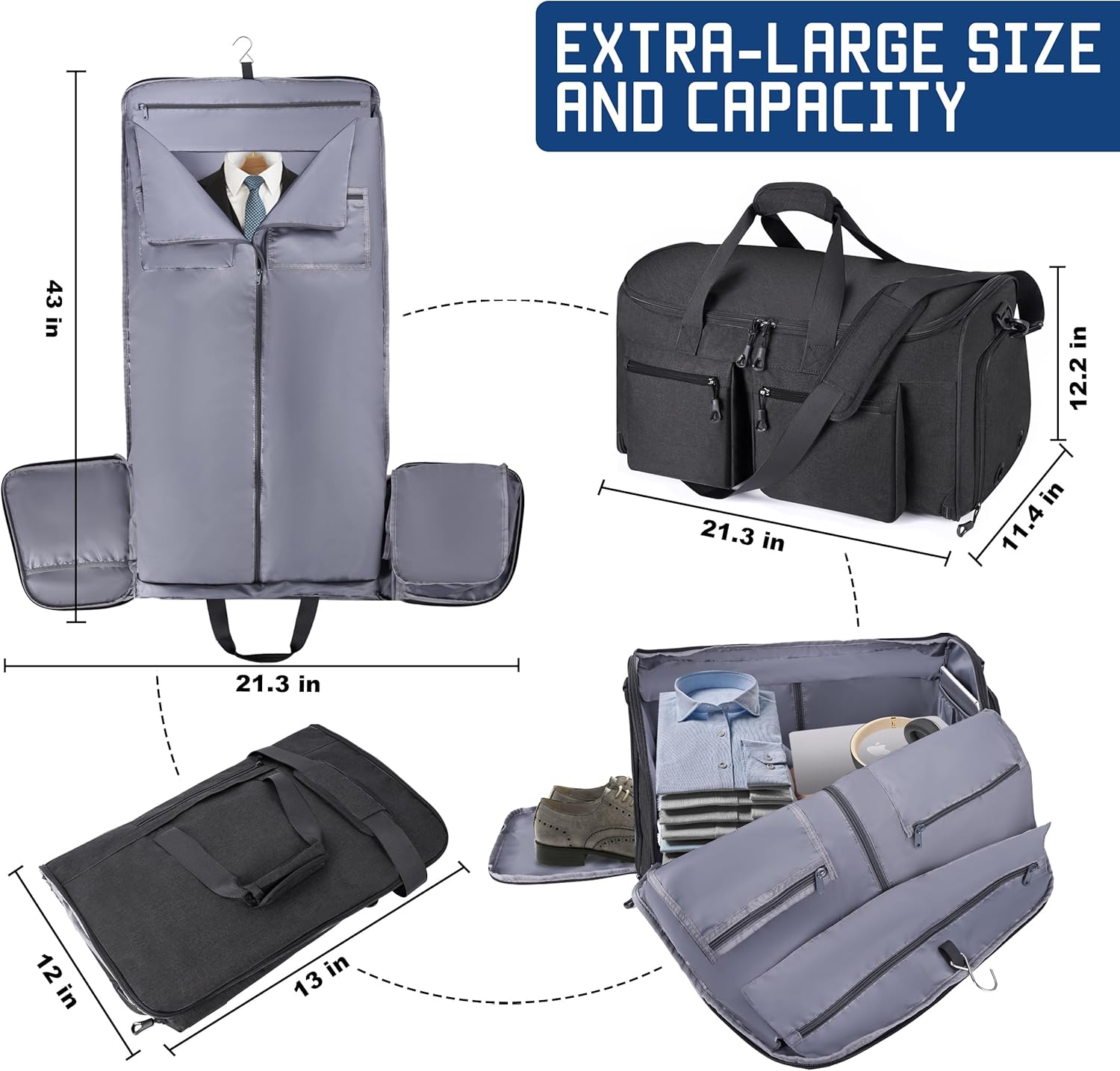 Convertible Duffle Bags for Travel Carry On Suit Duffle Bags with Shoulder Strap 2 in 1 Hanging Garment Duffle Bag for Men Women - Image 6