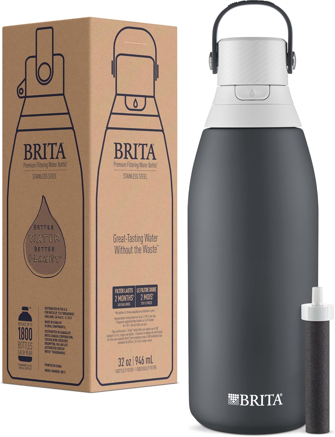 Brita Stainless Steel Premium Filtering Water Bottle, BPA-Free, Reusable, Insulated, Replaces 300 Plastic Water Bottles, Filter Lasts 2 Months or 40 Gallons, Includes 1 Filter, Carbon - 32 oz - Image 10