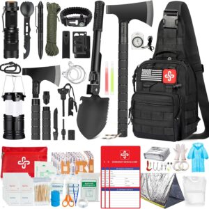 Survival Kit, 262Pcs Survival Gear and Supplies with First Aid Kit Pouch and Crossbody Bag, Emergency Kit with Tent, Camping Axe Hammer, Survival Shovel w/Pick, Bug Out Bag Gifts for Men Women