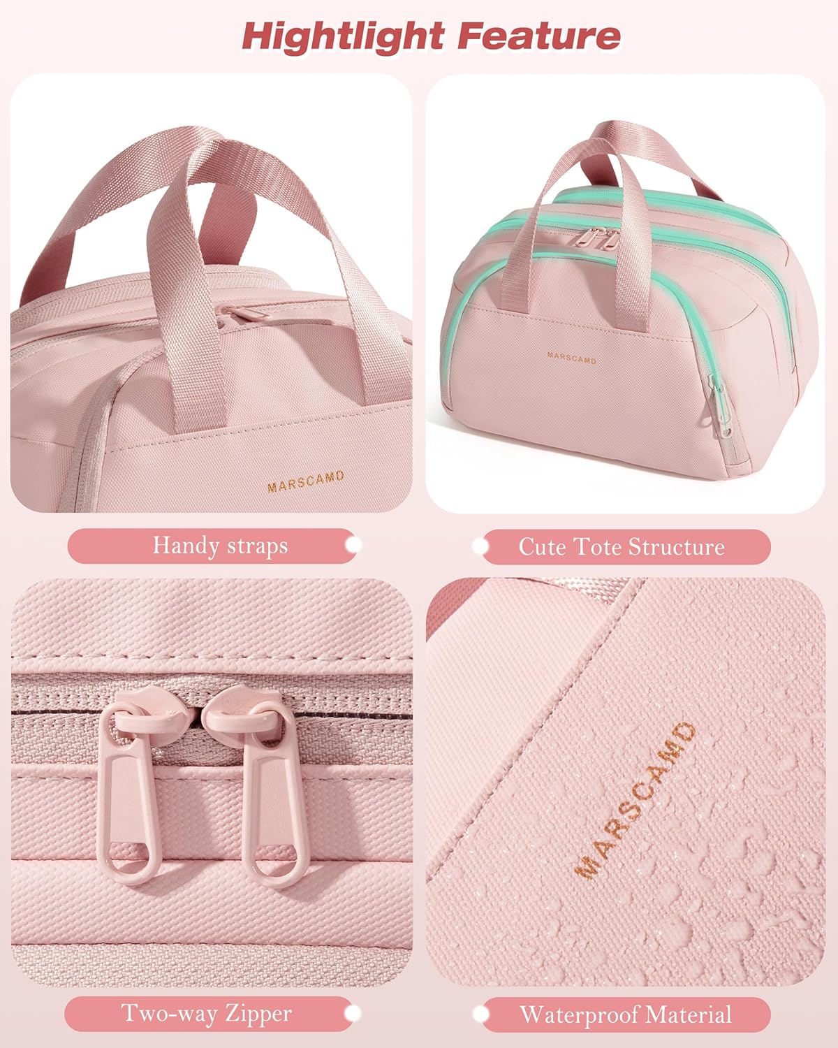 Travel Makeup Bag, Small Size Waterproof Toiletry & Cosmetic Organizer with Leakproof Pockets for Bathroom or Vanity Use for Women, Pink - Image 5