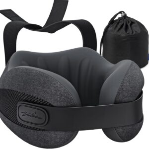 ZIKEE Dual-Layer Memory Foam Neck Pillow for Airplane, Travel Pillow with Seat Straps to Secure Head & Neck, Ergonomic Ear-Friendly Neck Pillow for Traveling with Breathable Vent Holes, Airy Cover