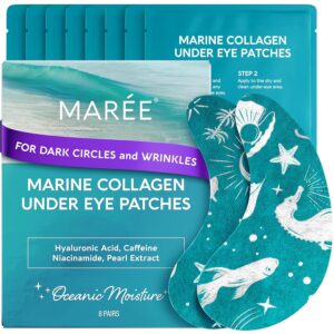 MAREE Hydrating Under Eye Patches for Puffy Eyes and Dark Circles – Marine Collagen & Caffeine Eye Patches – Brightening Eye Patche with Niacinamide – Depuffing Eye Mask for Dark Circles and Puffiness