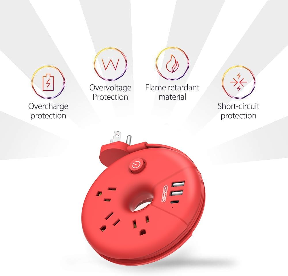 Travel Power Strip, NTONPOWER Desktop Charging Station with 3 Outlets 3 USB Short Wrapped Extension Cord 3ft for Travel, Cruise Ships, Office, Nightstand, Red - Image 3