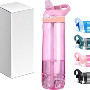 25oz Water Bottle with Straw, Clip, Handle & Marker, Tritan BPA-Free Sport Water Bottle for Women, Travel Clear Water Bottle for Outdoor & School (Pink)