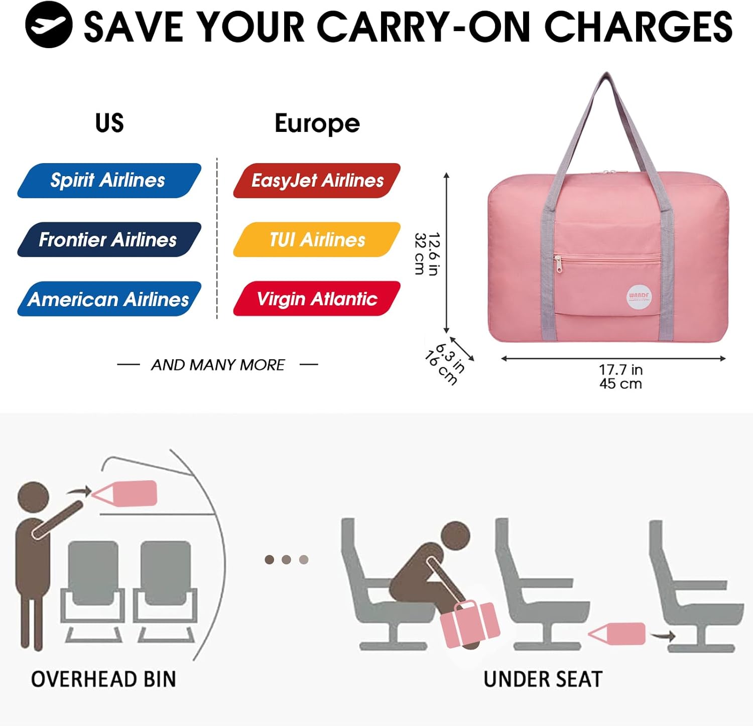 WANDF For Spirit Airlines Personal Item Bag 18x14x8 Travel Duffel Bag Underseat Foldable Carry-on Luggage for Women - Image 2