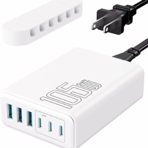 105W USB C Fast Charger, 6-Port Desktop GaN USB Charging Station Hub, USB C Charger Block Wall Charger for iPhone 17/16/15/14/13/12/11, iPad, Samsung and More (Cable Organizer Included)