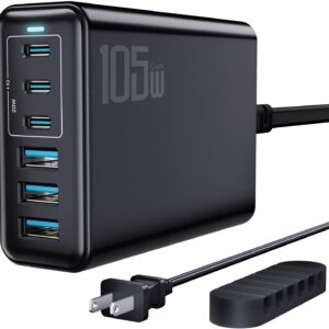 105W USB C Fast Charger, 6-Port Desktop GaN USB Charging Station Hub, USB C Charger Block Wall Charger for iPhone 17/16/15/14/13/12/11, iPad, Samsung and More (Cable Organizer Included)
