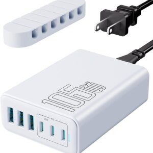 105W USB C Fast Charger, 6-Port Desktop GaN USB Charging Station Hub, USB C Charger Block Wall Charger for iPhone 17/16/15/14/13/12/11, iPad, Samsung and More (Cable Organizer Included)