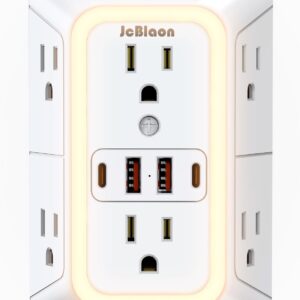Wall Outlet Extender with Night Light, Power Plug Adapter 6 Outlet Extender with 4 USB Charging Ports 1050J Power Strip Multi Plug Adapter Spaced for Home Travel Office (2U2C)