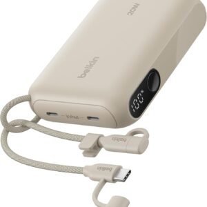 Belkin Portable Charger, Slim USB-C Power Bank 10,000mAh w/ 2 USB-C Ports, Digital Battery Display, 20W Charging Battery Pack - iPhone 17, Air, Pro, Samsung Galaxy S25, Pixel 10, iPad, & More - Sand