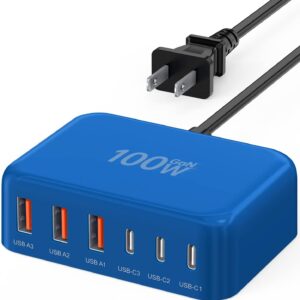 [2026 Updated] USB C Fast Charger, 100W GaN 6 Port Type C Charging Station Hub Block Cube, USB C Wall Charger Power Strip Adapter Plug for iPad iPhone 17 16 15 14 Pro Max Pixel Note Galaxy, 5ft Cord