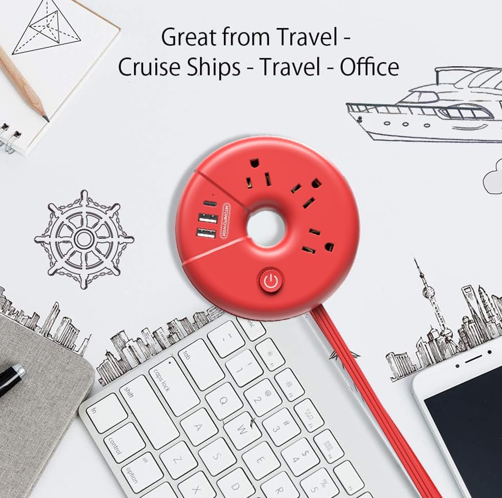 Travel Power Strip, NTONPOWER Desktop Charging Station with 3 Outlets 3 USB Short Wrapped Extension Cord 3ft for Travel, Cruise Ships, Office, Nightstand, Red - Image 4