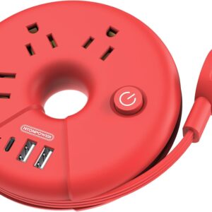 Travel Power Strip, NTONPOWER Desktop Charging Station with 3 Outlets 3 USB Short Wrapped Extension Cord 3ft for Travel, Cruise Ships, Office, Nightstand, Red