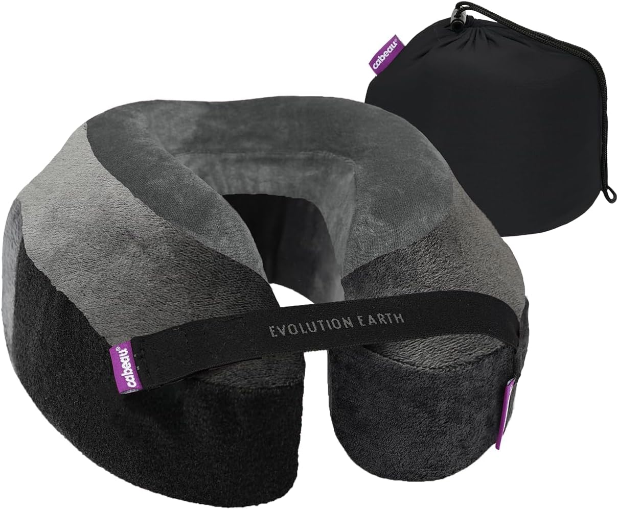 Softest Neck Pillow Ever for Travel – Evolution Earth Deluxe – 360° Head, Neck and Chin Support for Sleeping – Sustainable Memory Foam - Removable, Washable Cover with Compact Carrying Case (Wind)